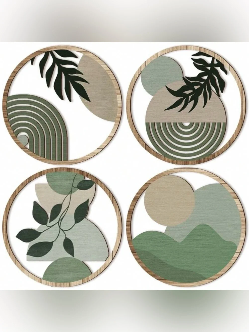 4 Pcs Boho Round Wooden Wall Art Decor Sage Green Abstract Botanical Geometry